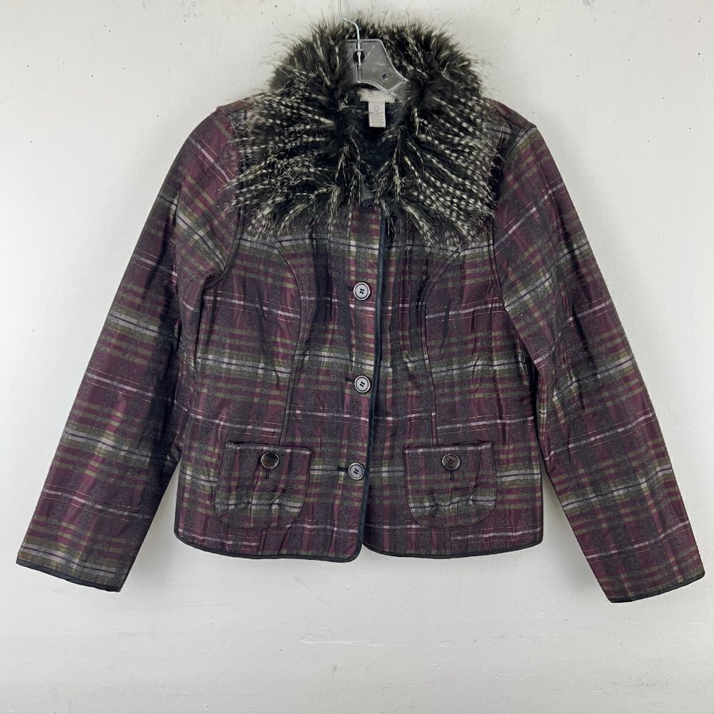 CHICOS‎ sz 0 (S) Reversible Solid Gray Burgundy Plaid Faux Fur Collar Jacket